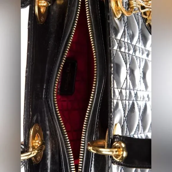 Christian Dior Vintage Medium Lady Dior Black Patent Cannage Bag Gold Hardware - Picture 10 of 14